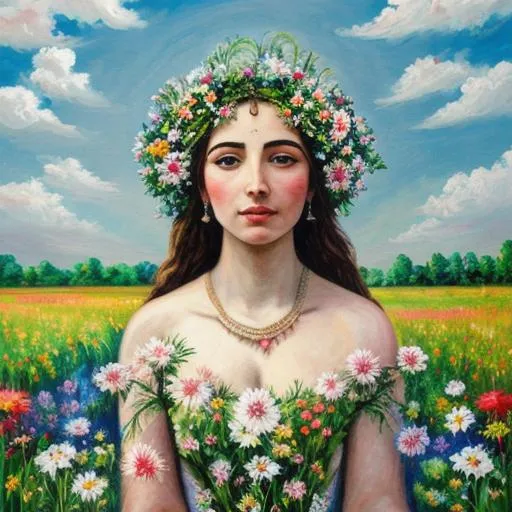 Prompt: A painting of a goddess in a field of flowers 