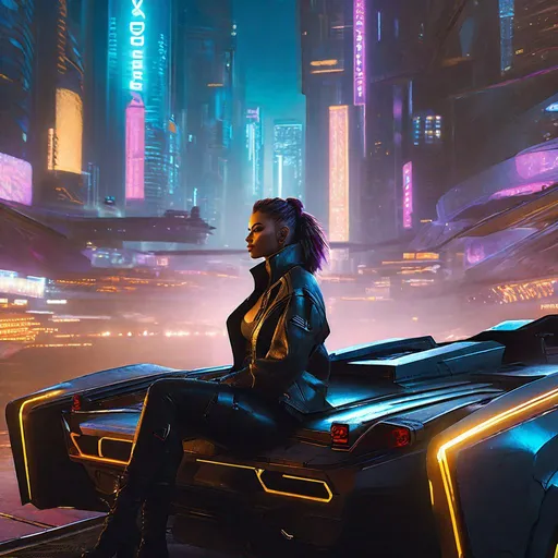 Prompt: Capture a riveting high-resolution portrait of a young woman immersed in a cyberpunk universe, seated on the hood of a Quadra Type-66 Avenger a futuristic car from the game Cyberpunk 2077 (look over the internet to get the perfect design of the car). The picture is taken from behind, focusing on her and the vast cityscape that unfurls in front of her.

She sports a high-collar jacket reminiscent of the iconic style from Cyberpunk 2077, her silhouette illuminated by the vibrant neon city lights. Her look should personify the fusion of the past, present, and future - a living embodiment of the cyberpunk genre.

The Quadra Type-66 Avenger, a symbol of a bygone era, sits majestically on a hill, its classic lines infused with modern, cybernetic alterations. It overlooks a sprawling cityscape bristling with towering skyscrapers, their heights adorned with holographic billboards flashing relentless advertising.

The shot is set at night, embodying the quintessential cyberpunk atmosphere. The city's glow, tinged with neon blues, pinks, and purples, casts an ambient light over the scene. Capture this light in detail, highlighting the interplay between the metallic surfaces of the Mustang and the woman's clothing, and the vibrant cityscape.

Foreground elements, like the woman and the Mustang, should be as detailed as the cityscape in the background. The photo must capture the stark contrast between the quiet stillness of the woman and her vintage car, and the bustling, high-tech city beneath.

Ensure to apply the highest professional photographic standards, with sharp detailing of the subject's facial features and clothing, the Mustang's cybernetic modifications, and the city's intricate architecture. The image should encapsulate a cyberpunk narrative - a world where high-tech meets low life, depicted in a solitary moment on a hill overlooking a city of neon dreams.