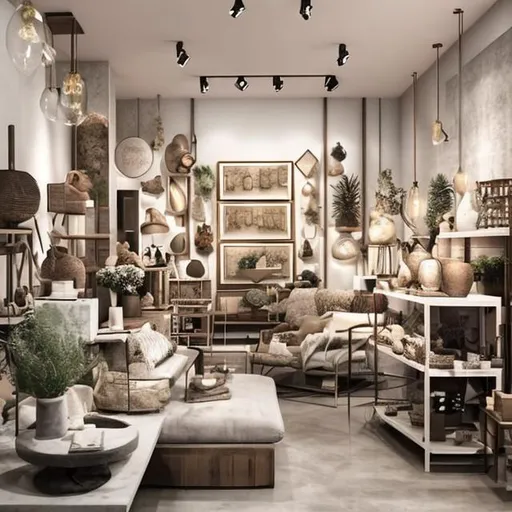 Prompt: Generate a visually stunning and inviting interior of a home decor shop. The scene should exude warmth and sophistication, with careful attention to every design detail. Display a tasteful concrete home decors, artwork, lighting fixtures, and decorative items that reflect a harmonious blend of modern aesthetics. The use of colors should be thoughtfully chosen to create an atmosphere that is both cozy and elegant. Convey the essence of a place where customers would feel inspired to explore and find the perfect pieces to enhance their living spaces.
