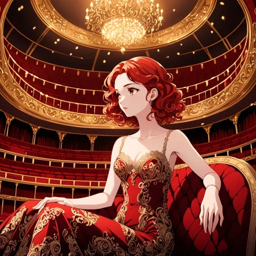 Prompt: Elegant anime illustration of a slim, 21-year-old woman with short, curly, red hair, sitting in an opera box, gazing at the stage, luxurious fabric details, intricate lace patterns, vibrant red and gold tones, soft and elegant lighting, highres, anime, detailed eyes, elegant, opera setting, vibrant colors, luxurious fabric, curly red hair, slim figure, soft lighting