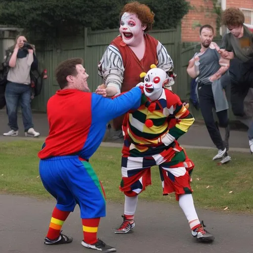 Prompt: peter girffin the biggest dude getting mugged by autistic clown