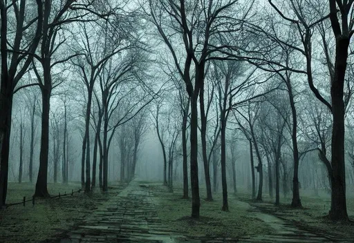 Prompt: Trees with large canopy, black hue, walkway, misty