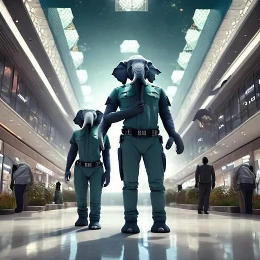 Prompt: elephant security guards in a busy alien mall, widescreen, infinity vanishing point, surprise me