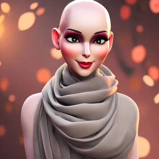 Prompt: An Attractive bald female {Grey Alien}, warm colors, wearing a scarf {red}