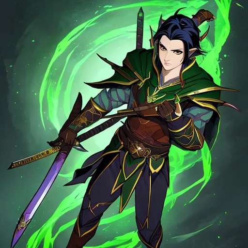 Prompt: fantasy male half elf black hair green eye katana samurai vox machina art style