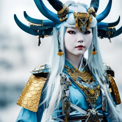 Prompt: White and blue hair samurai beautiful woman with kyubi mask and blue horns wearing gold and black armor