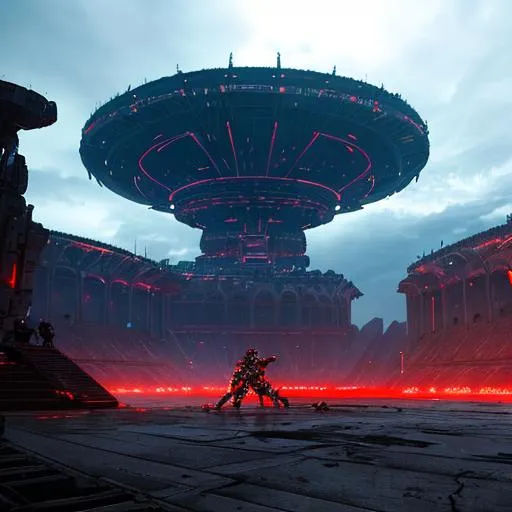 Prompt: 8k portrait of two aggressive futuristic gladiators fighting to the death, with cyber swords, in a huge thunder dome like battle colosseum,  with huge crowd, cinematic perspective concept art, sci fi style art, ibackground, .obj file, high quality render, ultrarealistic, cinematic style, xfiles, deviantart rendered in unreal engine 5, intricate details