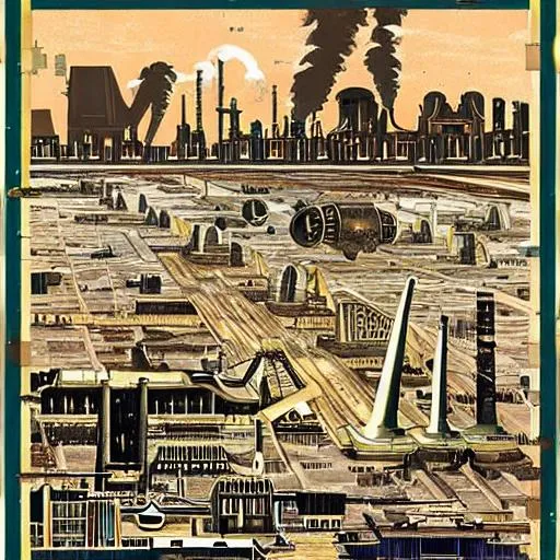 Prompt: Art deco steam punk busy Lowry post apocalyptic crumbling civilisation realistic industry pollution 1930s travel poster streamlined airliner transatlantic airplane blueprint realism