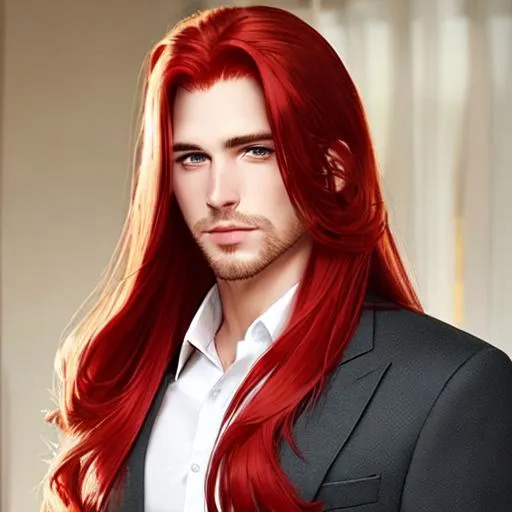 Prompt: Handsome man with long, silky red hair