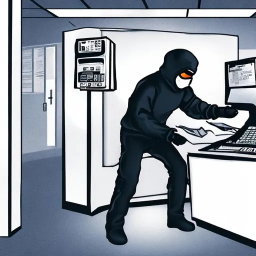 Prompt: Burglar in ski-mask using copy machine