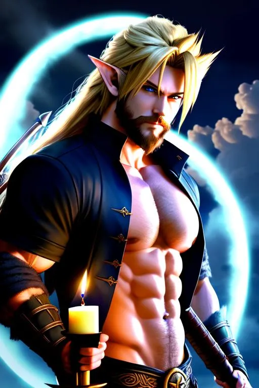 Prompt: masterpiece, smirk, handsome cloud strife and attractive, pointed long elf ears, god of halloween, fiery long hair, celtic, viking, large beard, vampire, wielding candle lit with blue flames, cinematic, full moon behind subject, ghostly aura, fog, extremely muscular:1.25, enchanting, (hot detailed gay muscle art:2), thunder clouds, dark magic, witchcraft, staff, coven, sigils, voodoo, highly-detailed symmetric perfectly male body huge gigantic muscles, cinematic magic and darkness color palette, spotlight,perfect composition, hyperrealistic, super detailed, 8k, high quality, sharp focus,intricate details, highly detailed, dynamic lighting, detailed and intricate environment,