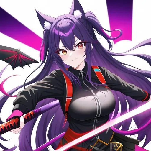 Prompt: Haley  as a demon (multi-color hair) (multi-color eyes)(she has horse ears) holding a katana, fighting, in a gunfight, bullets flying, fighting in a rural area, angry, (demon tail), (demon wings), lunging at the center, flying in the air