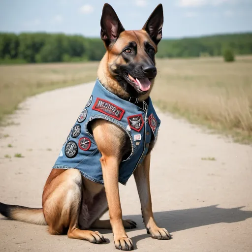 Prompt: belgian malinois wearing a heavy metal music denim vest with patches
