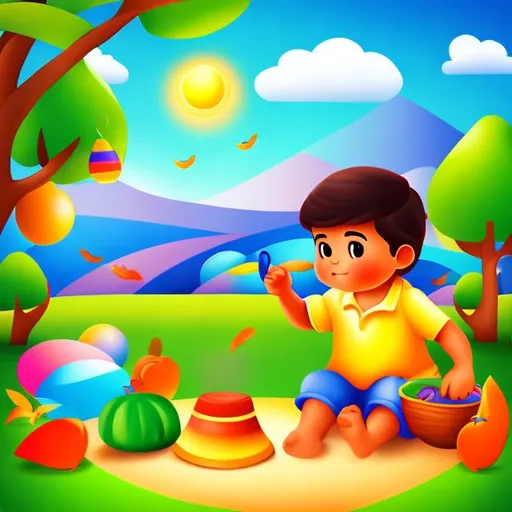 Prompt: adorable latino child art with playful nature scene

