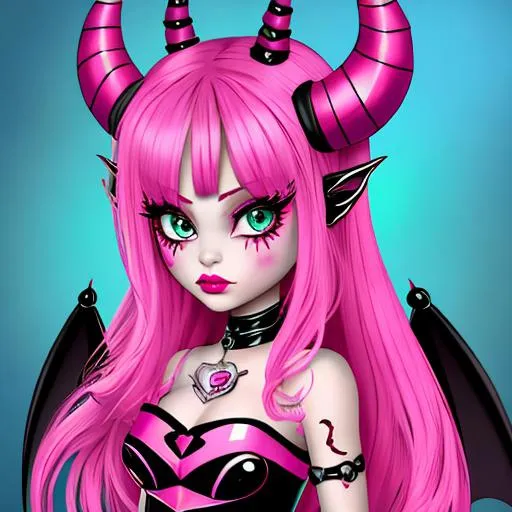 Prompt: monster high style, cute, pink skin, dragon girl, with horns and wings, cute eyes, 2d
