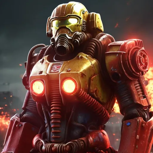 Prompt: UHD, 8K, epic portrait of Fallout 4 power armor mech suit, full portrait, cool helmet, red ornament, flames, hyper-realistic, shiny, unreal engine, artstation, detailed, cinematic



