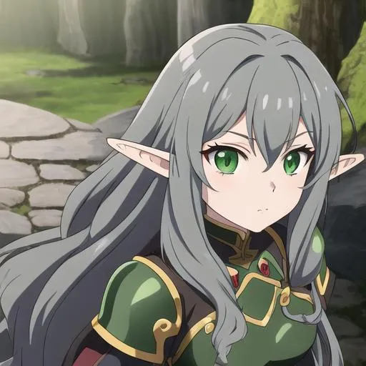 Prompt: Dark long wavy haired elf anime girl. She has green eyes and is wearing armour 