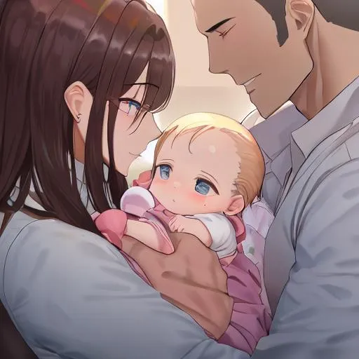 Prompt: daddy and mommy holding baby, feel warmth