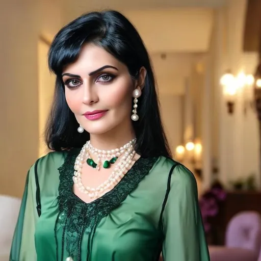 Prompt: gorgeous woman with black hair and lavender eyes about 50 years old with pearl necklace and green sheer blouse