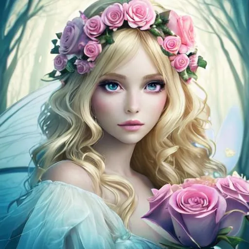 Prompt: fairy goddess, ethereal beauty, blonde, dreamscape, pink roses, facial closeup