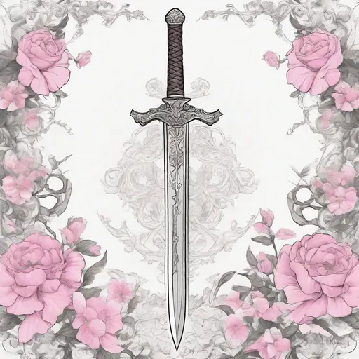 Prompt: Create me a simple straight short sword, the picture should be in black and white, pencil drawn, and a floral border and white background, the only thing that should have color is the pink flowers, the hilt should be very basic 