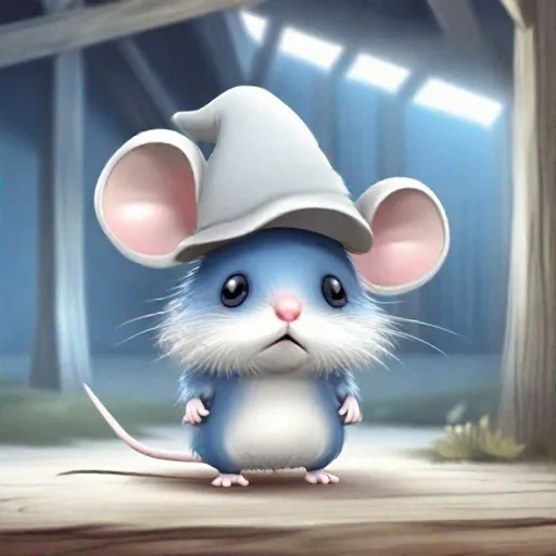 Prompt: Bipedal creature resembling a mouse, white fur, grey-blue spiked mushroom hat, looking adorable, in a barn, masterpiece, best quality, in 2D illustration Style