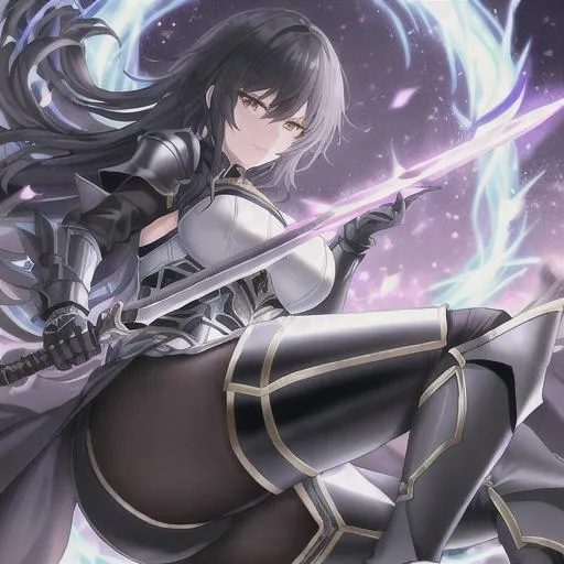 Prompt: Fantastical, a reconacance agent wearing full black medivel armor includeng leg armor, she has short black hair and eyes glowing with a unatural yellow, useing a silver sword with gold eched on it, and a bunch of sheathed daggers, beacutiful, graceful, long hair,fine details, hypermaximum