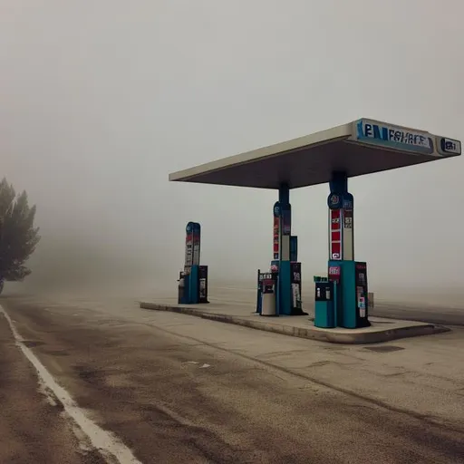 Prompt: Empty gas station in the middle of nowhere at day with fog