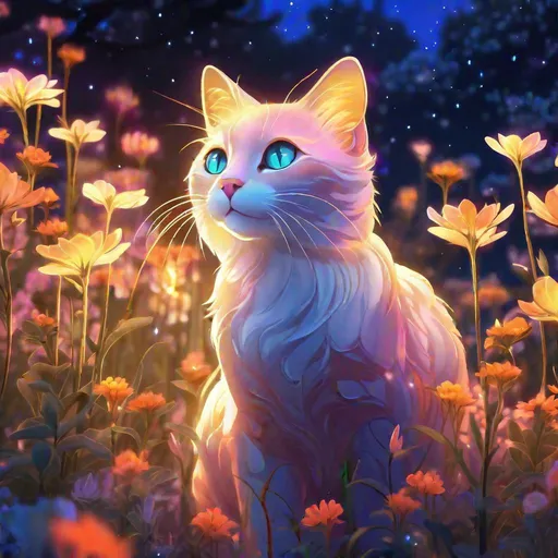 Prompt: An elegant translucent cat that is glowing, in a flower patch, sunset, beneath the stars, bioluminescent, highres, best quality, concept art