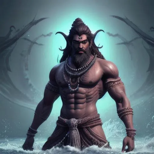Prompt: Massive Lord Shiva standing in tidal dark tsunami armed with traditional Hindu trishul weapon, cobras around neck as necklace, battle stanced, bearded, blue skin with Hindu tattoos, hd, hyperrealism, glowing eyes, powerful aesthetic, unreal engine render, fantasy art 4k, ultra HD render, 4k digital art, 4k digital photography, motion blur, intricately detailed, cultural detail to weapons, trident, moon, river 