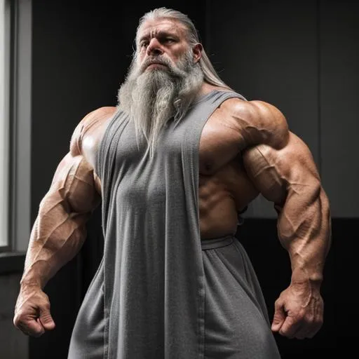 Prompt: hyper hyper muscular wizard, old man, 60 year old, hyper hyper hyper hyper oversized muscles, massive muscular arms, massive muscular biceps, massive muscular forearms, massive muscular legs, massive muscular thighs, massive muscular calves, hyper hyper hyper hyper massive muscles, ripped, veins, robes, casting spell, long grey hair, long grey beard, action pose
