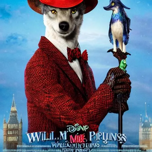 Prompt: William Weatherall Wilkins the anthro wolf
from "Mary poppins Returns"