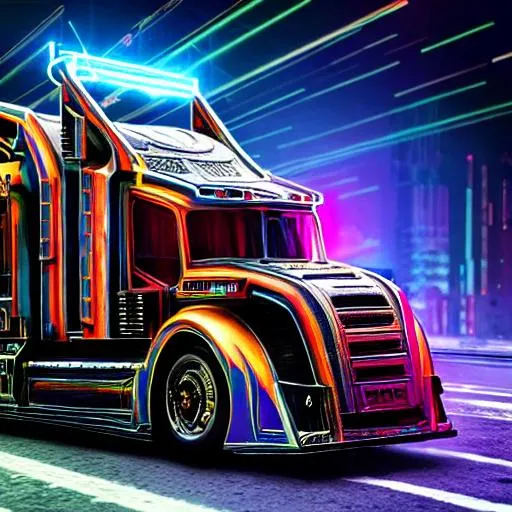 Prompt: ultra realistic and intricate detailed photograph of neon cyber Optimus Prime truck while racing, studio photo, movie shot, cyberpunk, innovation, depth of field, ambient lighting, award winning, stunning