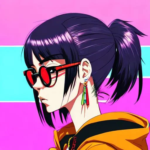 Pop girl, big earrings, profile, colorful hoodie, glasses - Prompt