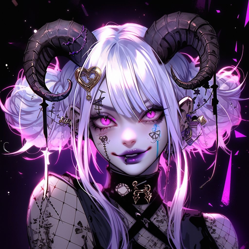 Prompt: an example of an evil, scary girl, in the style of dark silver and light purple, colorful fantasy realism, dark yellow and dark white, devilcore, tachisme, cyberaetherpunk, mythological subjects