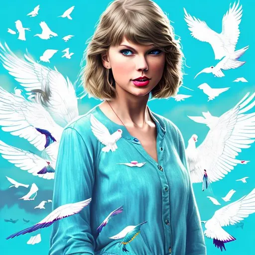 Prompt: generate me a Taylor Swift album cover concept with no words whatsoever on it as a redisign of her album cover for 1989, which features a portrait of taylor in light blue shirt with birds and white, an aesthetic true to her era of 1989. it must be highly realistic detailed, 4k HD , a detailed face with no words. it must be very light and must include she Has to have long hair, preferably in a braid