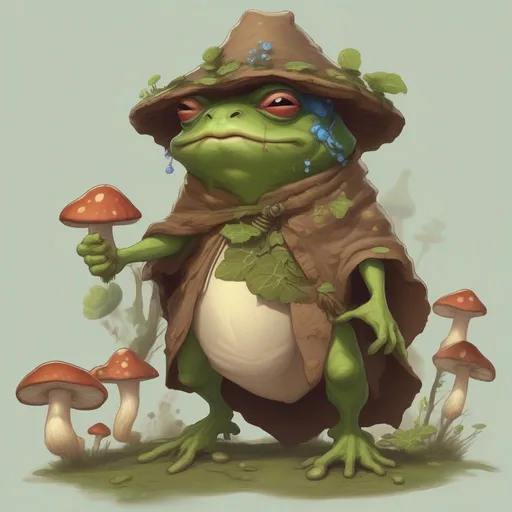 Prompt: a bullywug druid of spores with mushrooms growing on his body