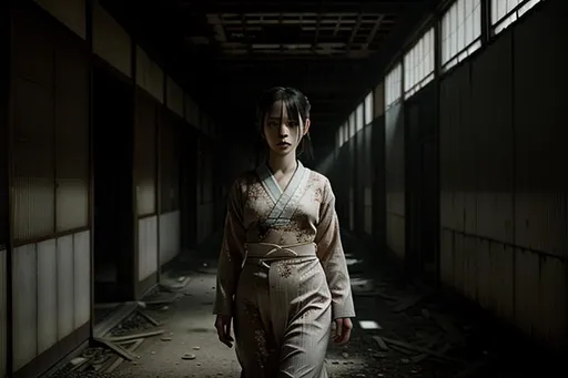 Prompt: a beautiful ukiyo painting of a female ghost girl in a derelict corridor, detailed portrait, intricate complexity, concept art, kusôzu. cinematic dramatic atmosphere, sharp focus