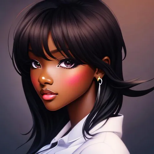 Prompt: Full body Anime style, dark skin, by POYO, full body super detailed  illustration, dark brown skin lady, black hair, beautiful face, dark aesthetic, large realistic eyes, smooth soft skin, soft lighting, perfect ratio, symmetrical face, intricate artwork, highly detailed, perfect composition, sharp focus, Wider faced, broad nose, African American, mahogany skin, long  curled gold/blonde hair with white shimmer, Hair in regal updo, green eyes, small doe eyes, upward turned almond eyes, pitying expression, smiling, manga style, wide two toned lips, darker upper lip, overweight, fat, pear shaped body, wide hips, small chest, small feet, darker complexion, arms out towards camera palm up, arms  beckoning, long flowing dress, white, gold, and red dress, low v sweetheart neckline, strapless, full body, by choo hye yeon, Mangle, POYO, 