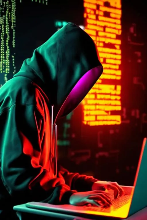 Prompt: Hacker in a dark room, cyberpunk style, write code with his laptop, red and purple teal colors