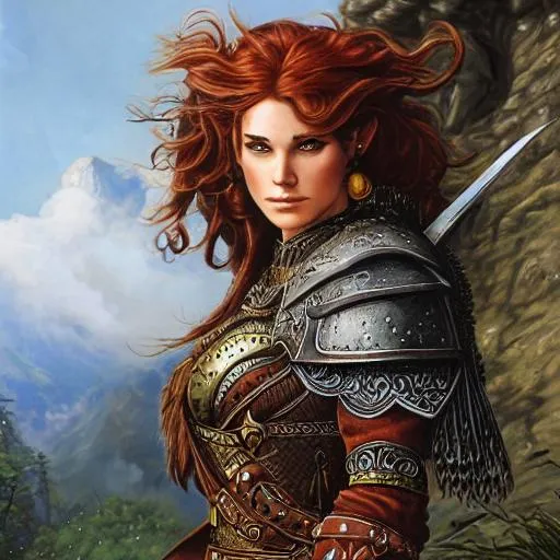 Prompt: Game art D&D, Fantasy, High Fantasy, intricate details, medium shot, detailed background, detailed face, detailed armor, detailed weapon, Auburn haired, warrior in celtic design, larry elmore style