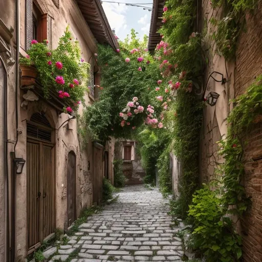 Prompt: A smal alley in an old italian town, houses overgrown with blooming roses, lots of details, photorealistic, UHD, 8K