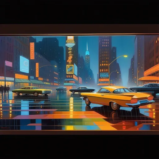 Prompt: 2060s New York at night, futuristic, car chase, rain, warm atmosphere, cartoony style, extremely detailed painting by Greg Rutkowski and by Henry Justice Ford and by Steve Henderson