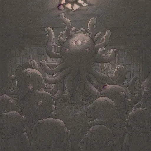 Prompt: An Octopus like creature made Out of wool spooking Kids in a poor lighted dark room in the midnight