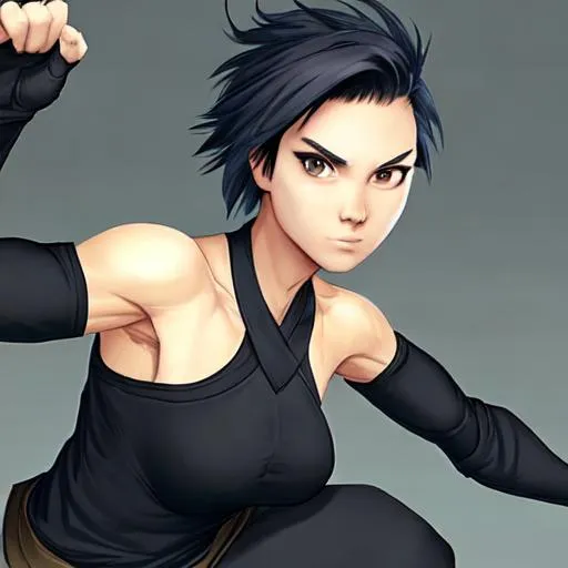 Prompt: female ninja with short hair, wearing an longsleeve no shoulder shirt