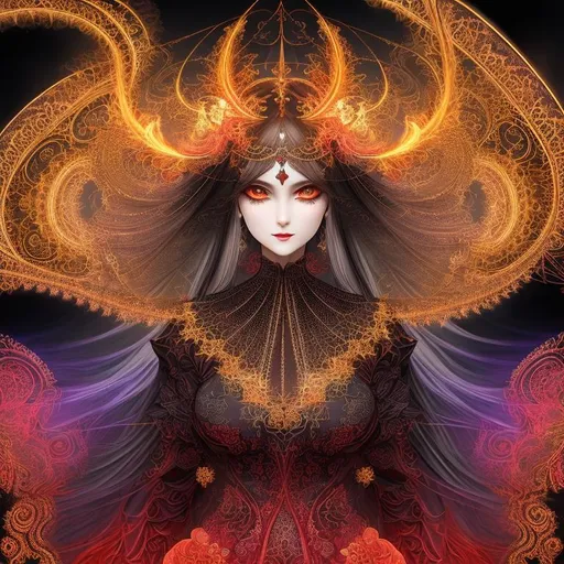 Prompt: A hyper detailed julia sets mandelbrot and (z² + c + (z² + c)) / (3z³ + c) formula in fractal loop mathematics inside full body fractal detailed impossible beautiful mature  esoteric scary woman of darkness, detailed beautiful face, detailed beautiful bright red eyes, golden silk, wearing vaporous diamantine night transparent lacy dress, discrete make up, glowing up, large curly duoble rainbow color julia sets fractal long balayage hair