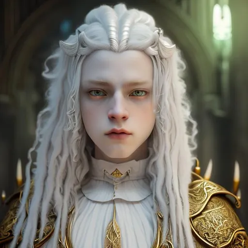 Prompt: Cinematic, 8K HD 3D portrait of beautiful albino male, portrait of noble young wizard, pale beautiful face, grey stunning eyes, extra long white hair, elegant green wizard clothes, intricate, detailed, charming male, light contrast, noble, perfect anatomy, gothic dark room ambient, perfect male beauty, golden ratio