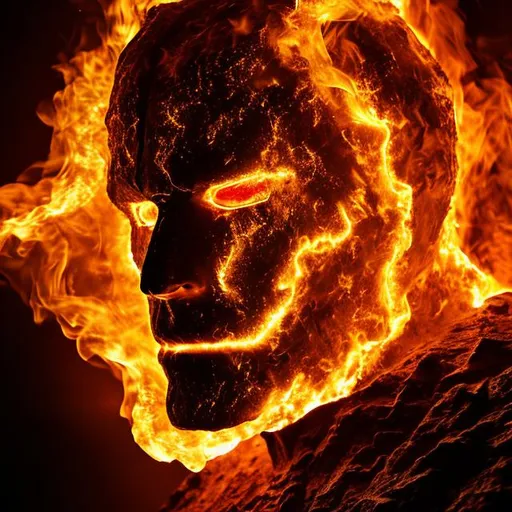 Prompt: Realistic photo of Fire golem face centered in frame in full hd, ultra realistic, highly detailed, 8k. Soft lighting 