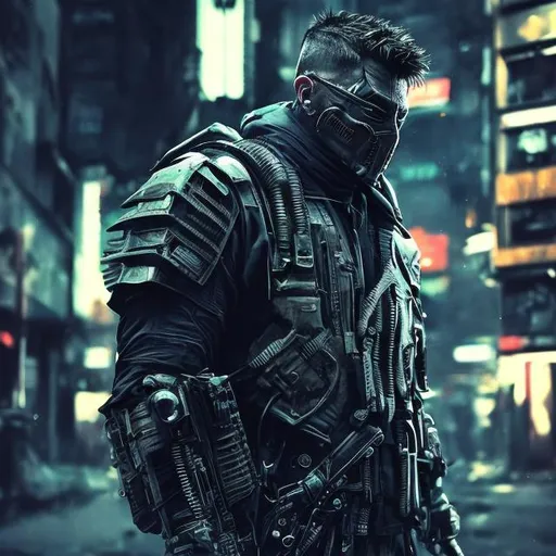 Prompt: Original villain. Future military armour with black and neon. Slow exposure. Detailed. Male masked. Dirty. Dark and gritty. Post-apocalyptic Neo Tokyo. Futuristic. Shadows. Sinister. Evil. Bionic enhancements. Magic rifle