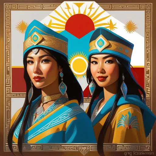 Prompt: Kazakh wolfgirls, Kazakh flag, cartoony style, extremely detailed painting by Greg Rutkowski and by Henry Justice Ford and by Steve Henderson 